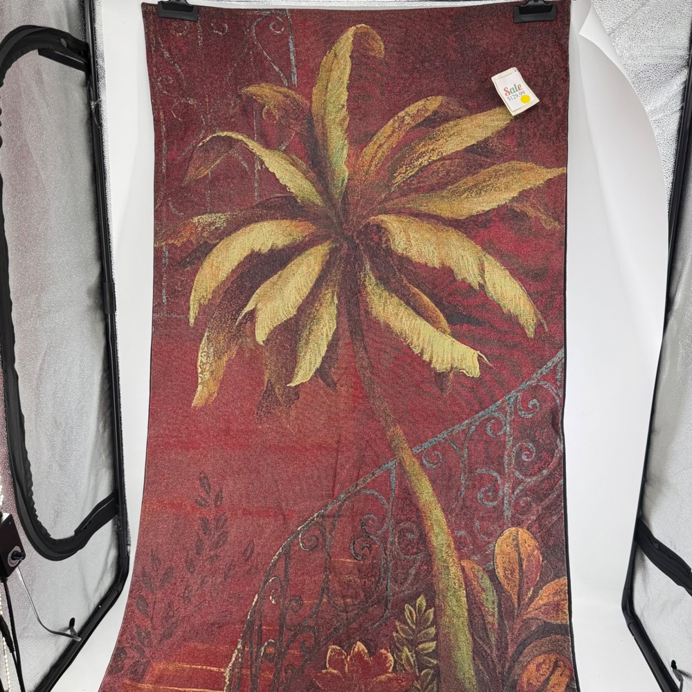 Tropical Palm Tree Woven Tapestry Wall Hanging Red Gold Mediterranean Decor - Picture 4 of 4